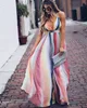 Summer Womens Floral Print Beach Dresses Sexy V-Neck Sleeveless Lace Up A Line Split Swing Bohemian Casual Maxi Chiffon