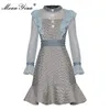 ファッションデザイナードレス春の女性のドレスメッシュフリルフレアスリーブパッチワークマーメイドドレス210524
