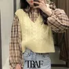 TRAF Mulheres Doce Moda Cropped Cable-Knit Sweater Vintage V Neck Sem Mangas Sem Mangas Femininas Waistcoat Chique Tops 210415