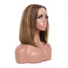 Perruque Bob Lace Front Wig brésilienne naturelle, cheveux lisses, à reflets bruns et blonds, ombré, courte, couleur hd, densité 150%