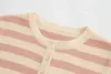 Kvinnor Mode O Neck Striped Print Kort Strikkad Sweater Coat Kvinna Chic Långärmad Cardigans Slim Crop Tops SW811 210416