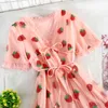 Desenhos animados Kawaii Vestidos Rosa Malha Verão Vestidos V Pescoço Lace Up Meninas Doce Vestido de Feriado Lantejoulas Mulheres 16693 210415