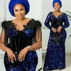 Plus Size Arabic Aso Ebi Royal Blue Sparkly Prom Dresses Lace Beaded Sheer Neck Sequined Evening Formal Party Second Reception Gowns Dress ZJ664