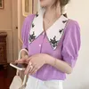 Camicette di chiffon delle donne dell'annata di estate Lady Sweet Peter Pan Collar Puff manica corta Casual Blusas Top 210518