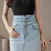 Frühling Sommer Vintage Frauen Denim Wrap Rock Hohe Wasit Tasten Jeans Röcke Weibliche Bleistift Vorder Split 210428