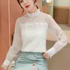 Pullover pink Spring Lace Blouses Chiffon nail bead Elegant Blouse Shirts Long Sleeve Ruffle Sexy Mesh 615B 210420