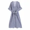 Women Summer Casual Striped Shirt Dress ZA Short Sleeve Deep V-Neck Buttons Sashes Female Elegant Street Dresses Vestidos 210513