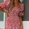 Red Broken Flowers Abito corto Ruffles Lantern Sleeve Casual Mini Dress Femme Summer Streetwear Backless Vintage Vestidos Mujer 210507