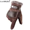LA SPEZIA Brown Mens Leather Gloves Real Pigskin Russia Winter Warm Thick Driving Skiing Men's Guantes Luvas 211026