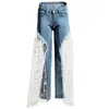 Jeans pour femmes Pantalon évasé à coutures en maille pour femme Pantalon en denim à jambe large Patchwork Transparent Évider Burr Bell Bottom Streetwear CHic