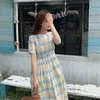Elegante Midi Plaid Dres Casual Diseñador Slim Coreano Femenino Fiesta de verano Vintage Playa Ropa para damas 210604