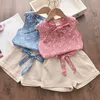 ドロップシップ女の子服セット2021夏の子供服フローラルシフォンホルター+刺繍ショーツストロー子供服Dysoon