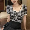 Verão Coreano Slim xadrez Blusa Mulheres Quadrado Collar Puff Manga Curto Sexy Lace Tops Casuais Kawaii Roupas 210604