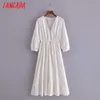 Tangada Summer Women White Embroidery Romantic Dress V Neck Short Sleeve Ladies Midi Dress Vestidos 3H184 210609