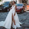 Dresses Sexy Straps Sleeveless Satin Wedding Dresses V Neck Simple Aline Bridal Dress Open Back Long Train Vestido De Mariage