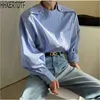 Primavera casual mujer cuello alto manga larga botones de metal costura suelta linterna manga Casual camisa a rayas 210531