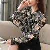 Höst Koreansk stil Elegant Långärmad Kvinnors Blus Cardigan Lantern Bow Tie Print Office Lady Shirt Blusas 10675 210508