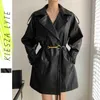 Vår Höst Trench Pu Jacka Fashion Belt Causal Lapel Windbreaker Kvinna Overcoat Toppar Ytterkläder 210608