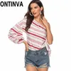 Clearance Women Striped One Shoulder Blouse Sexy Fashion Puff Sleeves Female Casual Ruffles Bluas Tops Summer Ladies Plus Size 210527