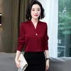 Coréen grande taille en mousseline de soie chemise 8 couleurs mode col en v mince bouton haut soie Satin à manches longues bureau Blouse femmes 13043 210415