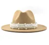 Lana Jazz Fedora Top Hats Casual Mujeres Pearl Ribbon Fieltro Sombrero Panamá Trilby Formal Party Cap 58-61cm 17 Colores