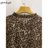 Vintage leopardo mini vestido mujeres encaje hasta v cuello manga larga casual gasa verano femenino más tamaño vestido corto 210514