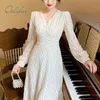 Wiosna Jesień Kobiety Biały Koronki Pule Rozmiar V Neck Długi Rękaw Haft Tunika Elegancka Party Midi Dress 210415