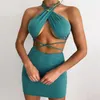 Conjunto de 2 piezas Mini faldas sexy de verano Trajes Mujeres Hollow Out Bodycon Vendaje Halter Cross Crop Top Beach Club Party Ropa 210517