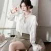Hongkong stil retro chiffong tröjor kvinnor strappy skjorta våren ny spets ruffled trumpet ärm topp kvinna blouses 13210 210417