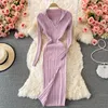 Feminino Vestidos Casuais Malha Manga Longa Decote em V Elástico Ajuste Justo Vestido Lápis Primavera Outono Suéter Sexy MalhaSaia Laterais Bodycon Split One-Piece