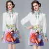 estate moda donna elegante due pezzi set camicia a maniche lunghe con volant + stampa minigonna set 210531