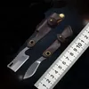 Högkvalitativ liten D2 stål EDC Keychain Folding Kniv Satin Blade Cow Leather Mantel Handle Knivverktyg
