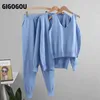 Gigogou Women Dressits Chic 3 sztuka Zestaw Kostium Krój z dzianiny Solid Lounge Suitt Sweter Sweter + Jogger Pants + Bez rękawów Tank Top 210810