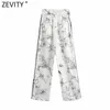 Zevity Women Vintage Ink Flower Print Wide Leg Pants Pajama Female Chic Elastic Waist Pockets Casual Long Trousers P982 210603