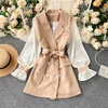 Office Lady Light Mature Autumn Retro Lace-up Waist Double Breasted Dress Mini Puff Long Sleeve Notched Tops Temperament Coat 210610