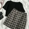 Sets Women Plaid Korean Style Elegant Crop Top Summer Two Pieces Streetwear Mini Sexy Trendy Ins Knitted Tunic Daily Casual Chic Y0702