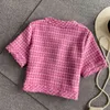 Summer Women Vintage Tweed Short Coat Ladies Sleeve Plaid Crop Top Casual Slim Woolen Jackets Female Outwear 210514