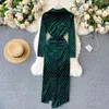 Women's Dress Plaid Shine Light Mature Style Ladies V-Neck Folds Slim Sexy Split Velvet Maxi Vestidos Female GX1191 210506