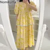 Nomikuma gul blommig tryckta klänning kvinnor o neck puff ärm en linje klänningar sommar mode koreansk stil robe femme 210514