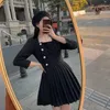 Casual Dresses Real S 2022 Spring Autumn Price Control Button Black Waist Closing Suit Square Collar Pleated Dress