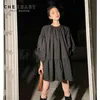 Surdimensionné À Volants Arc Cordon Robe Femmes Designer Lâche Noir Mini Ruché Style Coréen Vêtements 210427