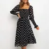 Polka Dot Vintage Czarny Długie Sukienka Rękaw Puff Maxi Side Slit Panie Eleganckiej Sukienka Jesień Zima Chic Dress 210415