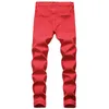 Мужчины разорванные джинсы белые красные черные растягивающие стройные подходит весна осень джинсовые брюки огорченный хип-хоп уличная одежда байкер джинсы брюки X0621