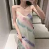 Moda Satin Tie Dye Slip Midi Sukienka Lato Elegancka Backless Party Woman Suknie Regulowane Cienkie paski Vestidos 210430