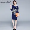 Spring Autumn Women Golden Flower Embroidery Blue Vintage Elegant Dress Short O-neck Slim Winter Lady Vestidos With Belt 210416