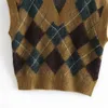 Höst kvinnlig brittisk högskola stil retro lös rhombus plaid v-neck stickade ärmlös kvinnor väst 210520