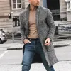 남자 양모 혼합 가을 겨울 긴 슬림 피트 모직 트렌치 코트 패션 비즈니스 캐주얼 격자 무늬 정장 칼라 남자 자켓