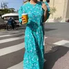 Korejpaa mulheres vestido verão coreano chique estilo ocidental decote em torno do pescoço floral em camadas de cordão com manga folhada vestidos 210526