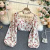 Sexy Frauen Tops Gothic Floral Print Elegante Chiffon Bluse Shirts Langarm Rosa Dame Crop Kleidung 211018