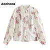 Aachoae Vintage Floral Frauen Bluse Hemd Spitze Patchwork Retro Damen Tops Plissee O Neck Print Weibliches Hemd Blusas Mujer 210413